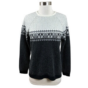 L.L. Bean 100% Cashmere Black White Fair Isle Crewneck Sweater Cozy Classic S
